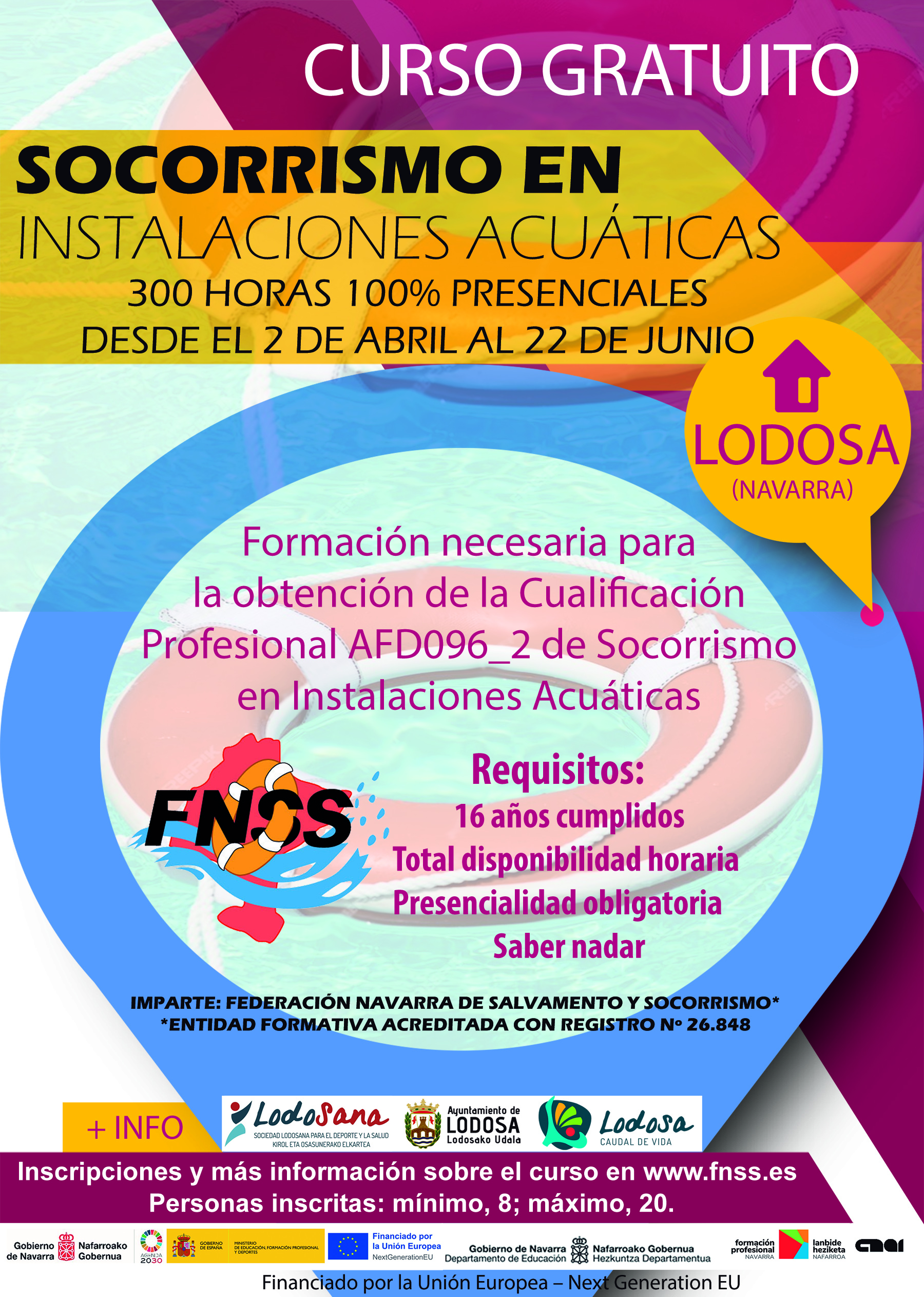 &Uacute;ltimas plazas para el Curso gratuito de Socorrismo en Instalaciones Acu&aacute;ticas en la localidad navarra de Lodosa